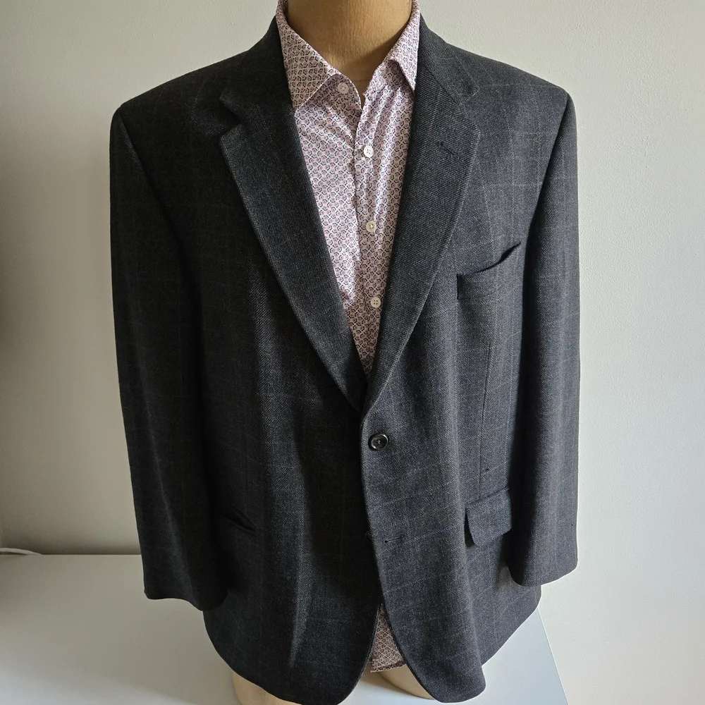 Oscar de la Renta Charcoal Windowpane Lambswool Blazer - Picture 4 of 14
